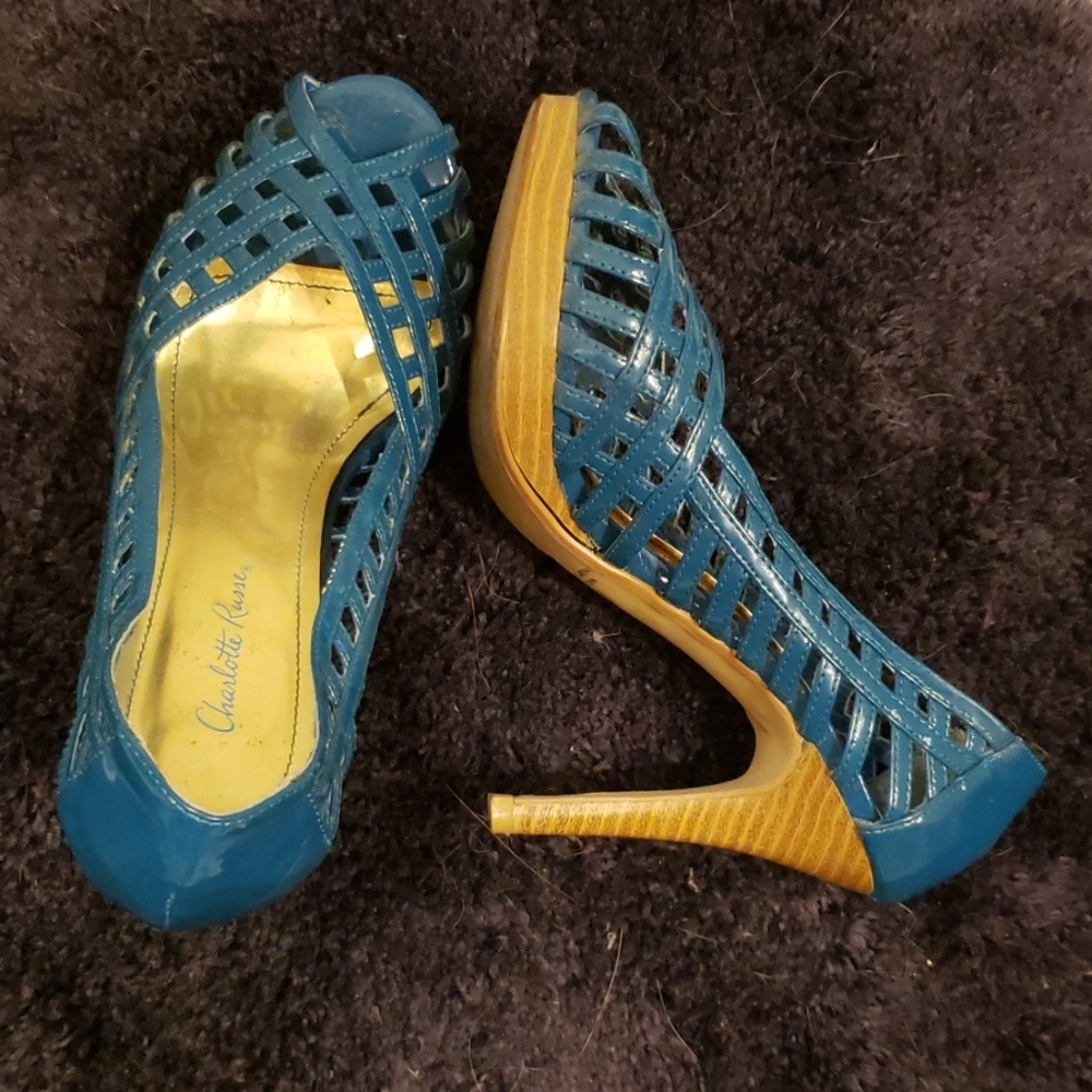 Teal peep toe pumps
